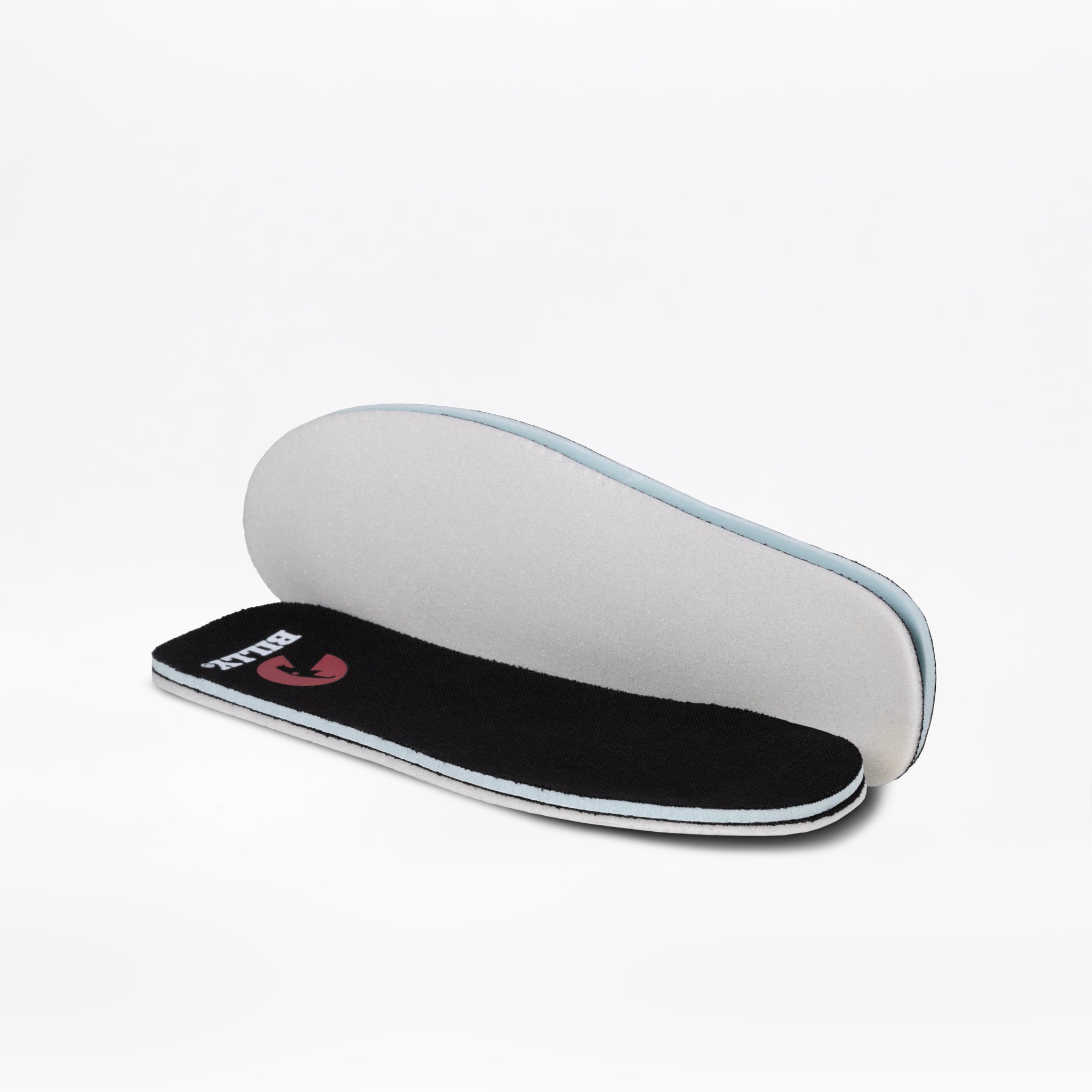 A pair of orthotic insoles from BILLY Footwear, designed for the Black Glitz BILLY CS High, with a black upper surface, logo detail, and white bottom—one flat and one upright—shown on a white background.