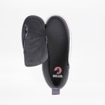 The Charcoal/Black BILLY CS High by BILLY Footwear is a kids’ high top sneaker shown from above with the wrap zipper open, revealing the interior BILLY logo and unicorn graphic on the insole, plus a white sole and heel pull tab.