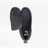 The Charcoal/Black BILLY CS High by BILLY Footwear is a kids’ high top sneaker shown from above with the wrap zipper open, revealing the interior BILLY logo and unicorn graphic on the insole, plus a white sole and heel pull tab.
