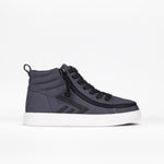 The BILLY Footwear Kids'/Toddler CS High in Charcoal is a gray high top sneaker with black laces, a side zipper for easy access, black accents, and a white rubber sole. Ideal zipper shoes for kids seeking an adjustable fit. Displayed on a plain white background.