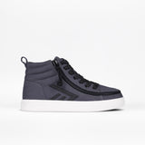 The BILLY Footwear Kids'/Toddler CS High in Charcoal is a gray high top sneaker with black laces, a side zipper for easy access, black accents, and a white rubber sole. Ideal zipper shoes for kids seeking an adjustable fit. Displayed on a plain white background.