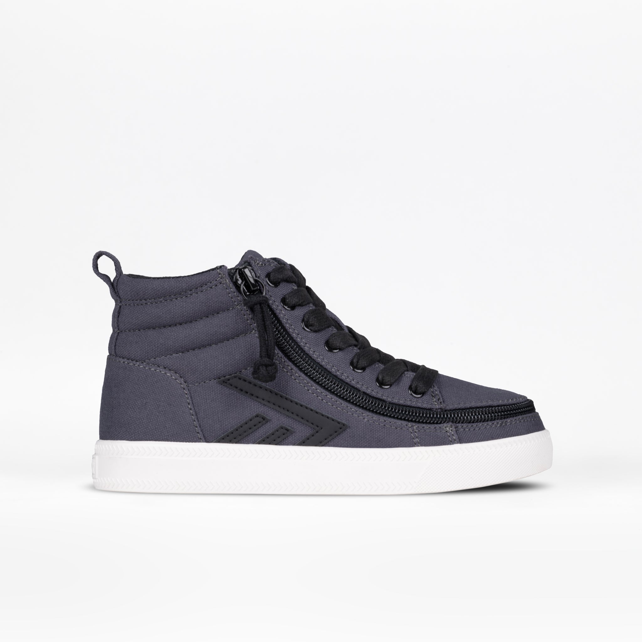 The BILLY Footwear Kids'/Toddler CS High in Charcoal is a gray high top sneaker with black laces, a side zipper for easy access, black accents, and a white rubber sole. Ideal zipper shoes for kids seeking an adjustable fit. Displayed on a plain white background.