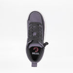Top view of the Charcoal/Black BILLY CS High kids high top sneaker by BILLY Footwear, featuring black laces, a full wrap zipper, and the BILLY logo on the insole, set against a plain white background.