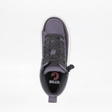 Top view of the Charcoal/Black BILLY CS High kids high top sneaker by BILLY Footwear, featuring black laces, a full wrap zipper, and the BILLY logo on the insole, set against a plain white background.
