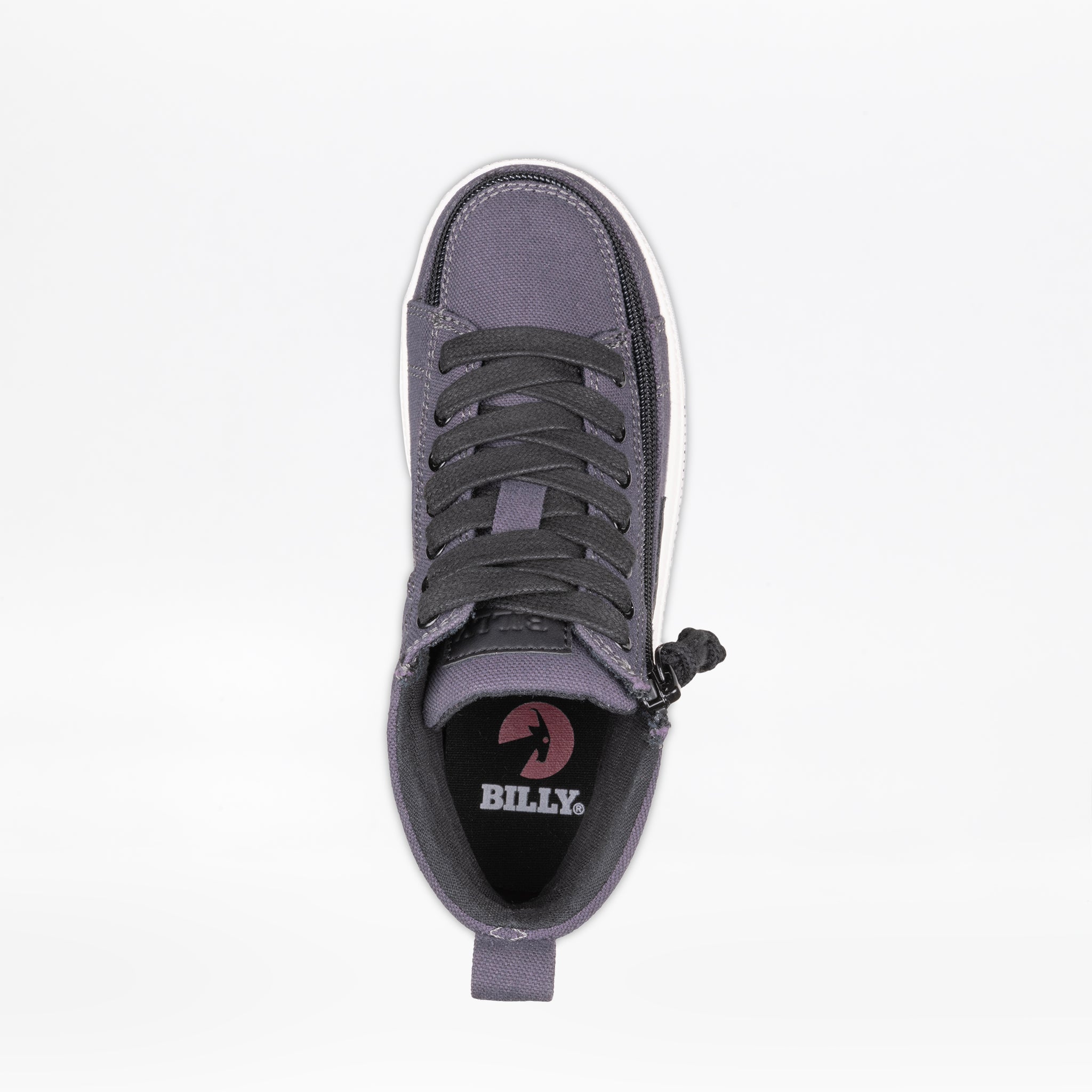 Top view of the Charcoal/Black BILLY CS High kids high top sneaker by BILLY Footwear, featuring black laces, a full wrap zipper, and the BILLY logo on the insole, set against a plain white background.