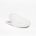 Two white foam insoles for the White/Black BILLY CS High by BILLY Footwear—one flat, one upright—on a plain white background. Perfect for kids' high top sneakers featuring a convenient full wrap zipper design.