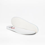 Two white foam insoles for the White/Black BILLY CS High by BILLY Footwear—one flat, one upright—on a plain white background. Perfect for kids' high top sneakers featuring a convenient full wrap zipper design.