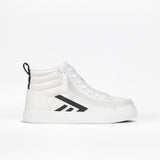The BILLY Footwear Kids'/Toddler CS High is a white high top sneaker with black accents, diagonal side stripes, a white sole, black heel loop, and white laces for adjustable fit. Shown on a plain white background.