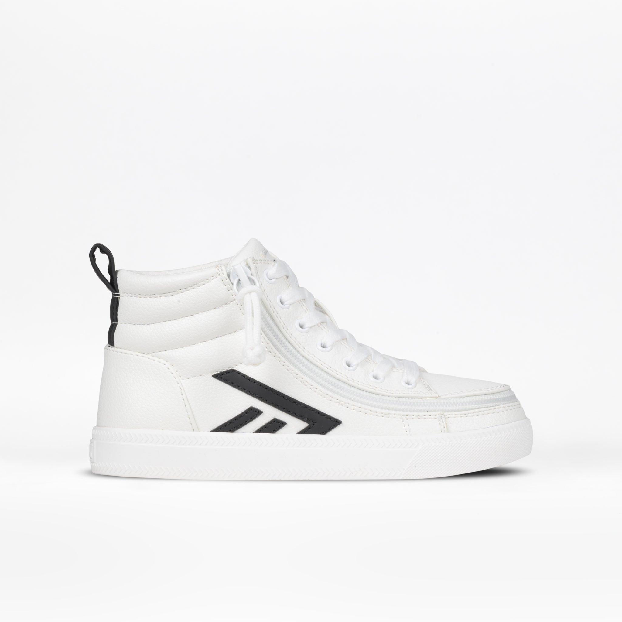 The BILLY Footwear Kids'/Toddler CS High is a white high top sneaker with black accents, diagonal side stripes, a white sole, black heel loop, and white laces for adjustable fit. Shown on a plain white background.