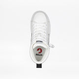 Top view of the White/Black BILLY CS High kids' sneaker by BILLY Footwear, featuring a full wrap zipper, white laces, and a red logo on the insole. The shoe is shown against a plain white background.