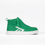 The BILLY Footwear Kids'/Toddler CS High in green features a white sole and geometric side design. These adjustable, stylish high tops offer comfort and support, ideal for active kids. Displayed on a plain white background.