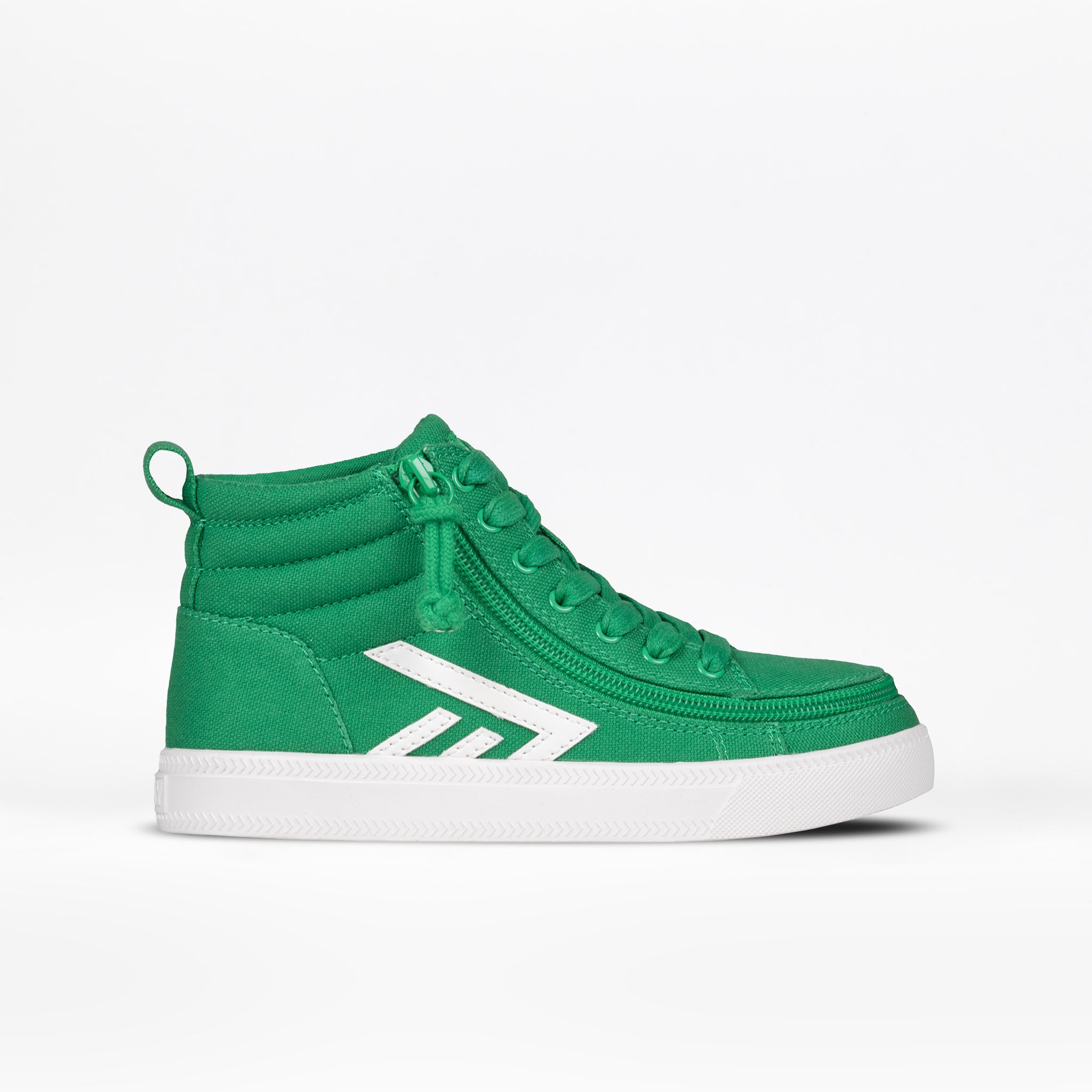 The BILLY Footwear Kids'/Toddler CS High in green features a white sole and geometric side design. These adjustable, stylish high tops offer comfort and support, ideal for active kids. Displayed on a plain white background.
