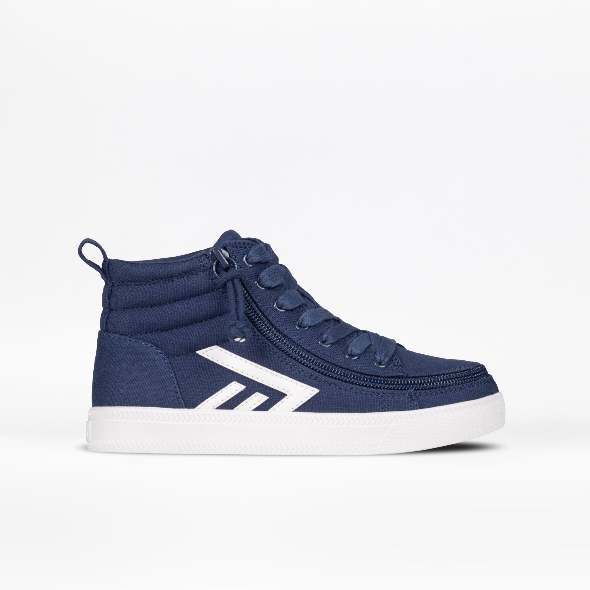 The BILLY Footwear Kids'/Toddler CS High in navy features white accents, a white sole, and a side zipper for easy adjustment, shown on a plain white background.