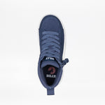 Top view of a Navy/White BILLY CS High sneaker by BILLY Footwear, featuring laces, heel pull tab, and branded tongue and insole. This adaptive kids' shoe is displayed on a plain white background.