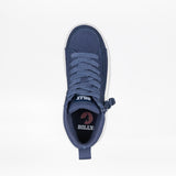 Top view of a Navy/White BILLY CS High sneaker by BILLY Footwear, featuring laces, heel pull tab, and branded tongue and insole. This adaptive kids' shoe is displayed on a plain white background.