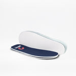 A pair of Navy/White BILLY CS High insoles by BILLY Footwear, one face up with the logo and the other showing the white underside, displayed on a white background.