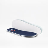 A pair of Navy/White BILLY CS High insoles by BILLY Footwear, one face up with the logo and the other showing the white underside, displayed on a white background.