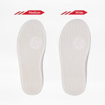 Two white shoe soles are side by side on a white background. The left is labeled Medium, the right Wide, showing the width options for the Turquoise/White BILLY CS High kids' high top sneakers from BILLY Footwear.