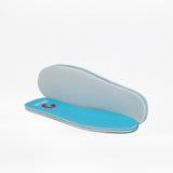 Two turquoise and white BILLY Footwear CS High orthopedic shoe insoles are displayed on a white background—one flat showing the top, the other propped to reveal the bottom—ideal for use with adaptive shoes or kids high-top sneakers.
