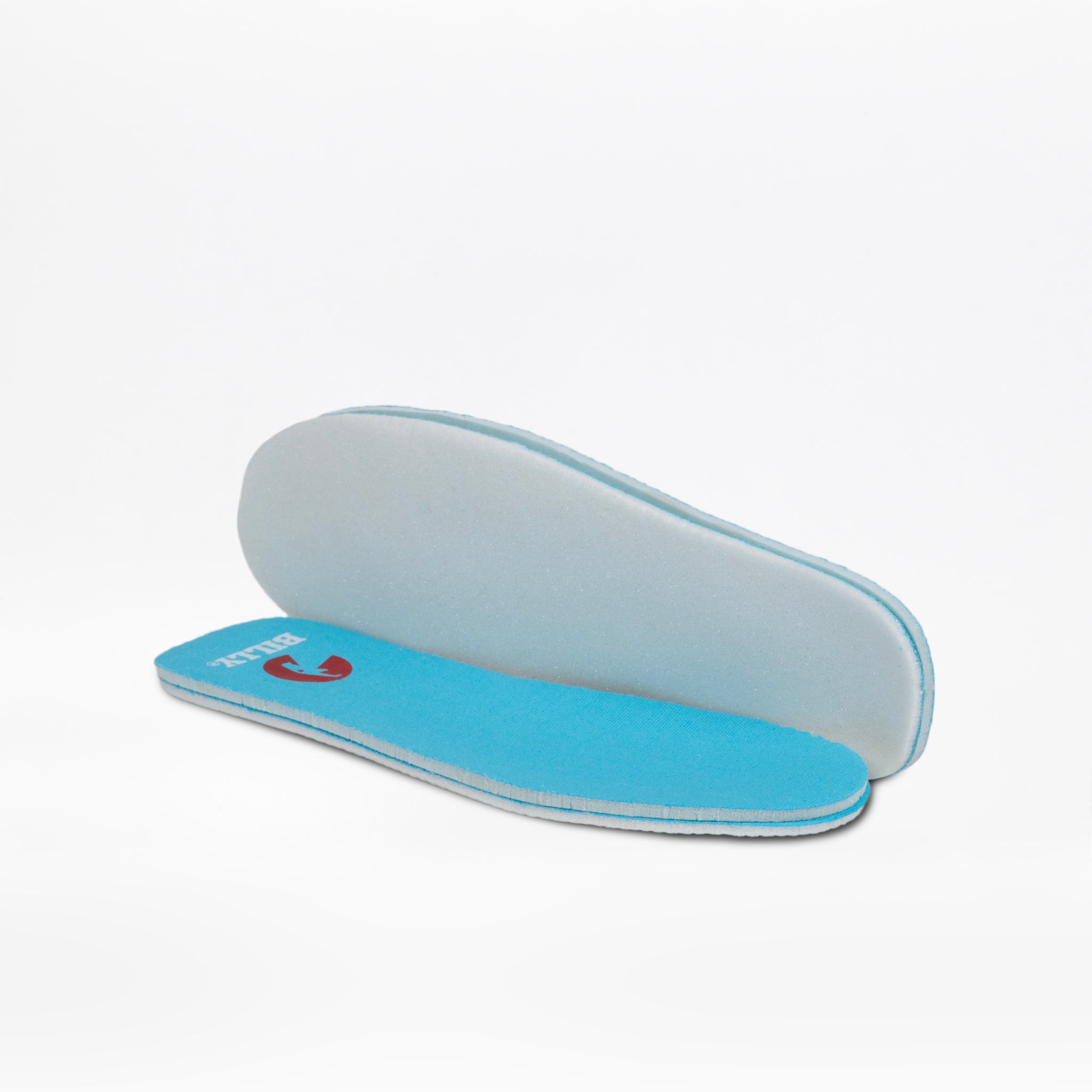 Two turquoise and white BILLY Footwear CS High orthopedic shoe insoles are displayed on a white background—one flat showing the top, the other propped to reveal the bottom—ideal for use with adaptive shoes or kids high-top sneakers.