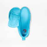 A turquoise and white BILLY CS High kids’ high top sneaker from BILLY Footwear is shown from above, with the upper unzipped to the side to display the adaptive Full Wrap Zipper and a red BILLY logo on the insole.