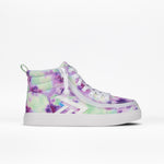The BILLY Footwear Kids'/Toddler CS High is a purple high-top sneaker with a white sole, laces, and zipper for an adjustable fit. It features pastel tie-dye accents and white detailing, shown on a plain white background.