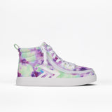 The BILLY Footwear Kids'/Toddler CS High is a purple high-top sneaker with a white sole, laces, and zipper for an adjustable fit. It features pastel tie-dye accents and white detailing, shown on a plain white background.