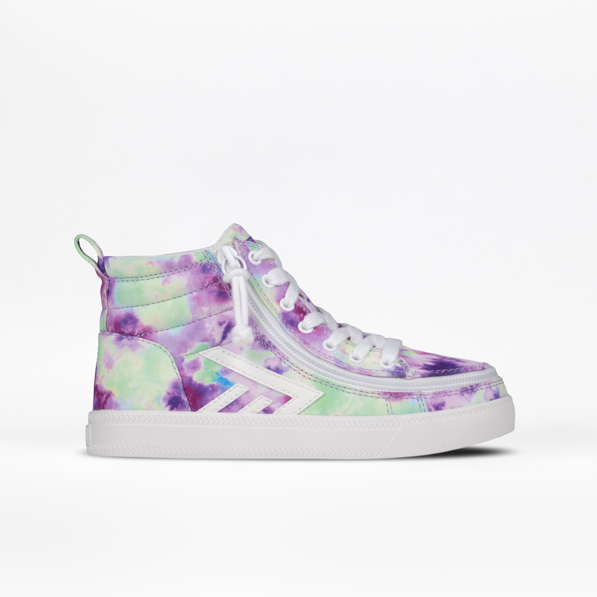 The BILLY Footwear Kids'/Toddler CS High is a purple high-top sneaker with a white sole, laces, and zipper for an adjustable fit. It features pastel tie-dye accents and white detailing, shown on a plain white background.