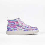 The BILLY Footwear Kids'/Toddler CS High is a pink high top sneaker with white laces, a white sole, adjustable fit, and geometric logo. It features a vibrant multicolored pastel pattern and is shown on a plain white background.