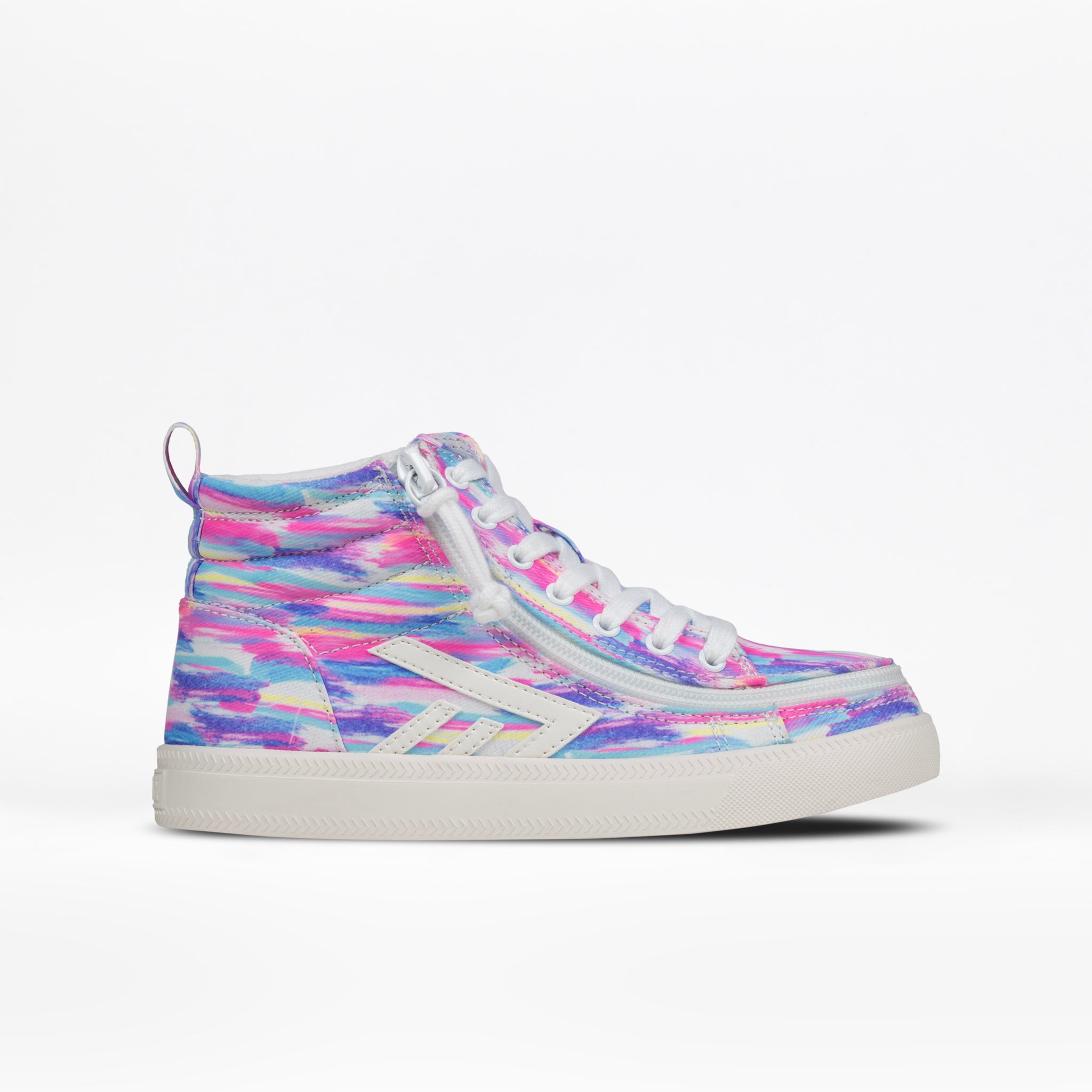 The BILLY Footwear Kids'/Toddler CS High is a pink high top sneaker with white laces, a white sole, adjustable fit, and geometric logo. It features a vibrant multicolored pastel pattern and is shown on a plain white background.