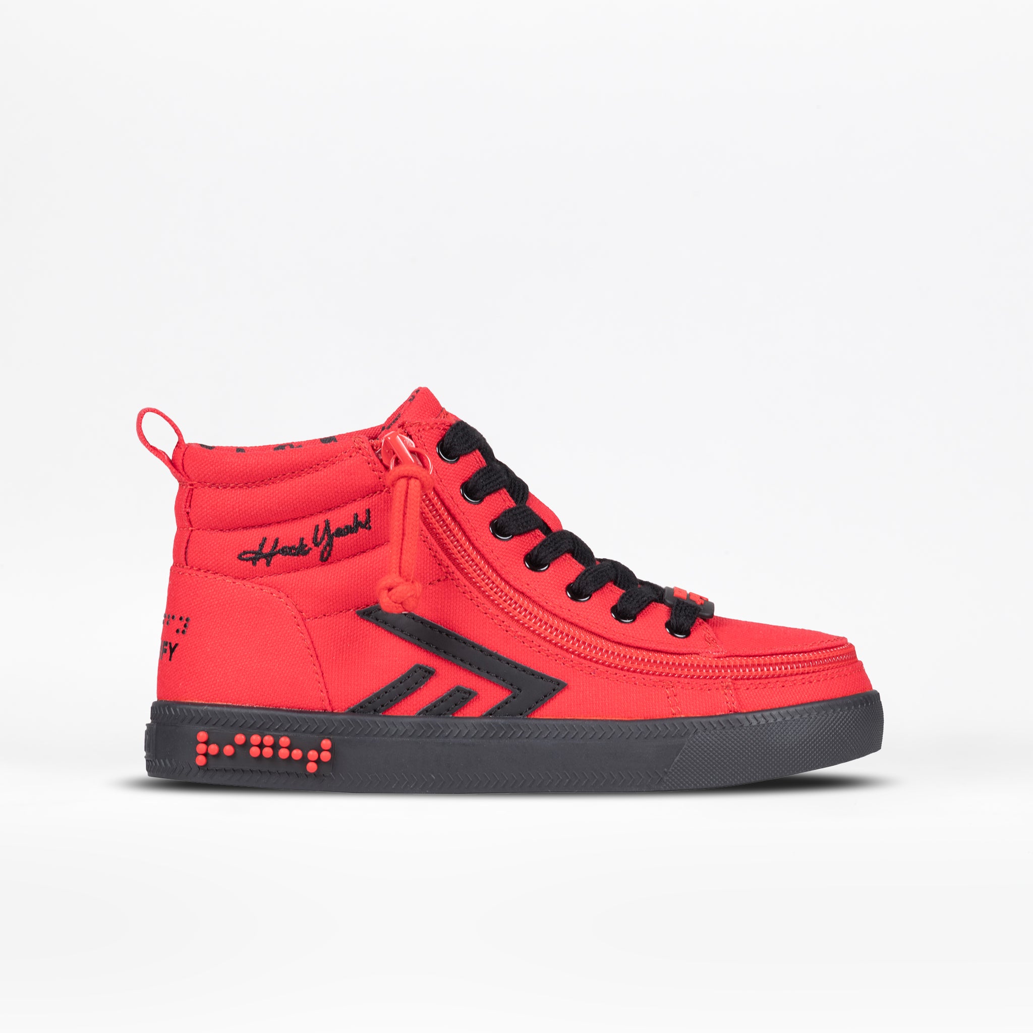 The Kids'/Toddler CS High by BILLY Footwear is a red high-top sneaker for kids, featuring black laces and sole, braille patterns on the side and heel, “Hustle Yarnd” near the ankle, and an adjustable fit for all-day comfort.
