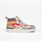 The BILLY Footwear Kids'/Toddler CS High is a multicolor high top with a white sole, vibrant zigzag pattern, white laces, and a red heel loop—shown on a plain white background.