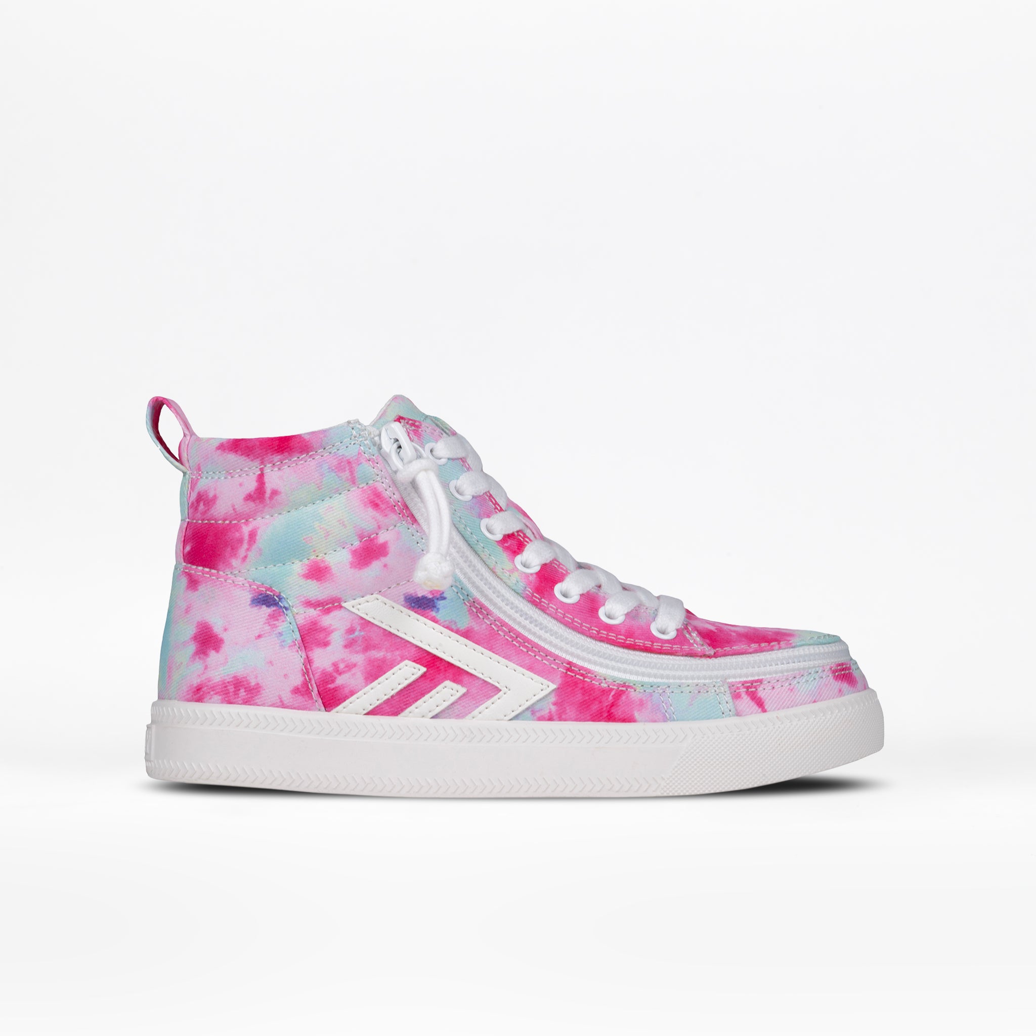The Kids'/Toddler CS High sneaker by BILLY Footwear in Pink Watercolor features a colorful high-top design with white laces and sole, shown against a plain white background.
