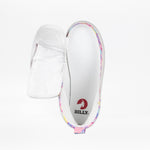 A white SALE - Tropical BILLY CS High kids' sneaker from BILLY Footwear is pictured from above with pastel floral trim and the upper unzipped via a full wrap zipper, revealing the insole branded with "BILLY.