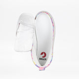 A white SALE - Tropical BILLY CS High kids' sneaker from BILLY Footwear is pictured from above with pastel floral trim and the upper unzipped via a full wrap zipper, revealing the insole branded with "BILLY.