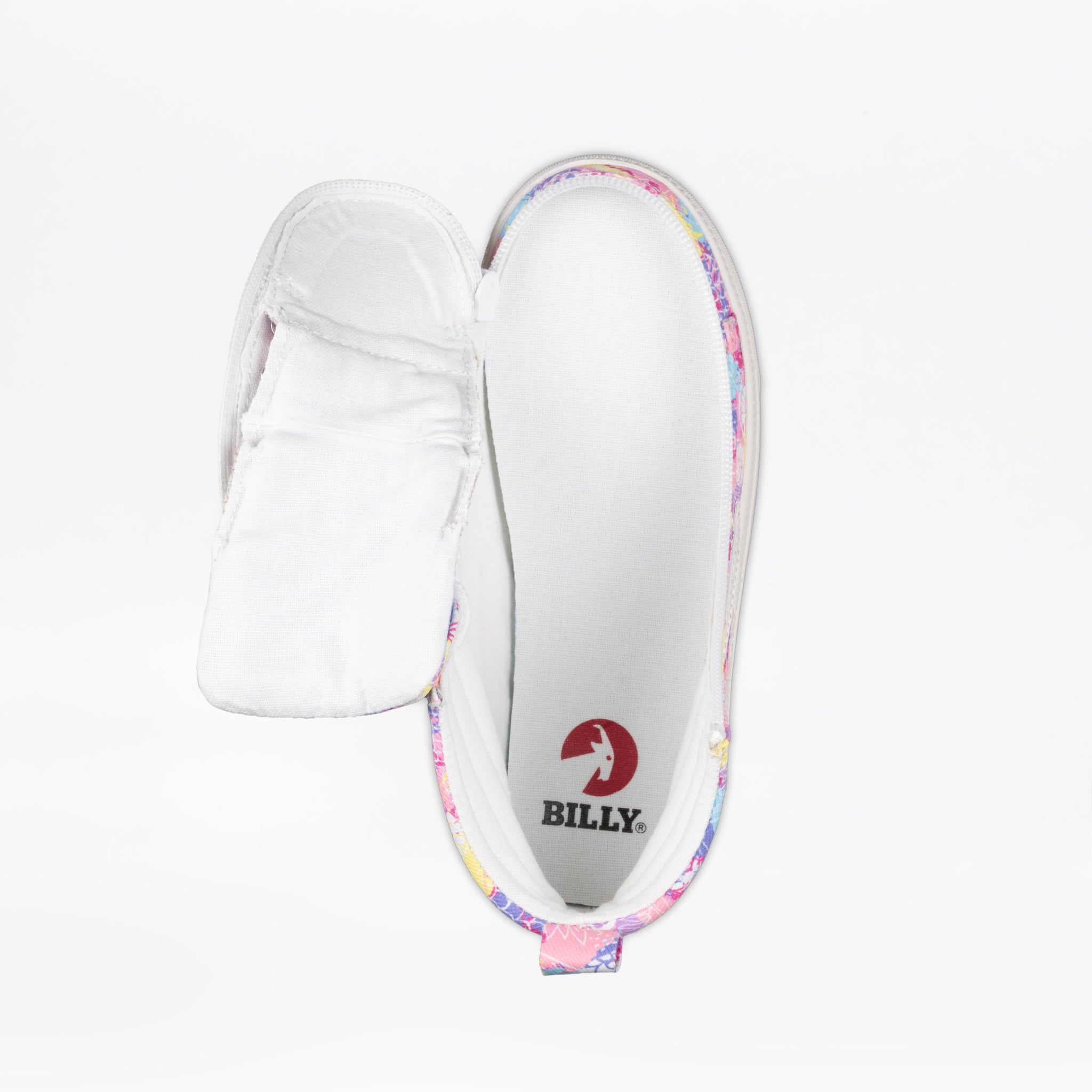 A white SALE - Tropical BILLY CS High kids' sneaker from BILLY Footwear is pictured from above with pastel floral trim and the upper unzipped via a full wrap zipper, revealing the insole branded with "BILLY.