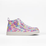 The BILLY Footwear Kids'/Toddler CS High is a high-top sneaker in a colorful Floral pattern with pink, purple, blue, and yellow accents. It features white laces, a white sole, an adjustable fit for comfort, and a light blue side stripe.