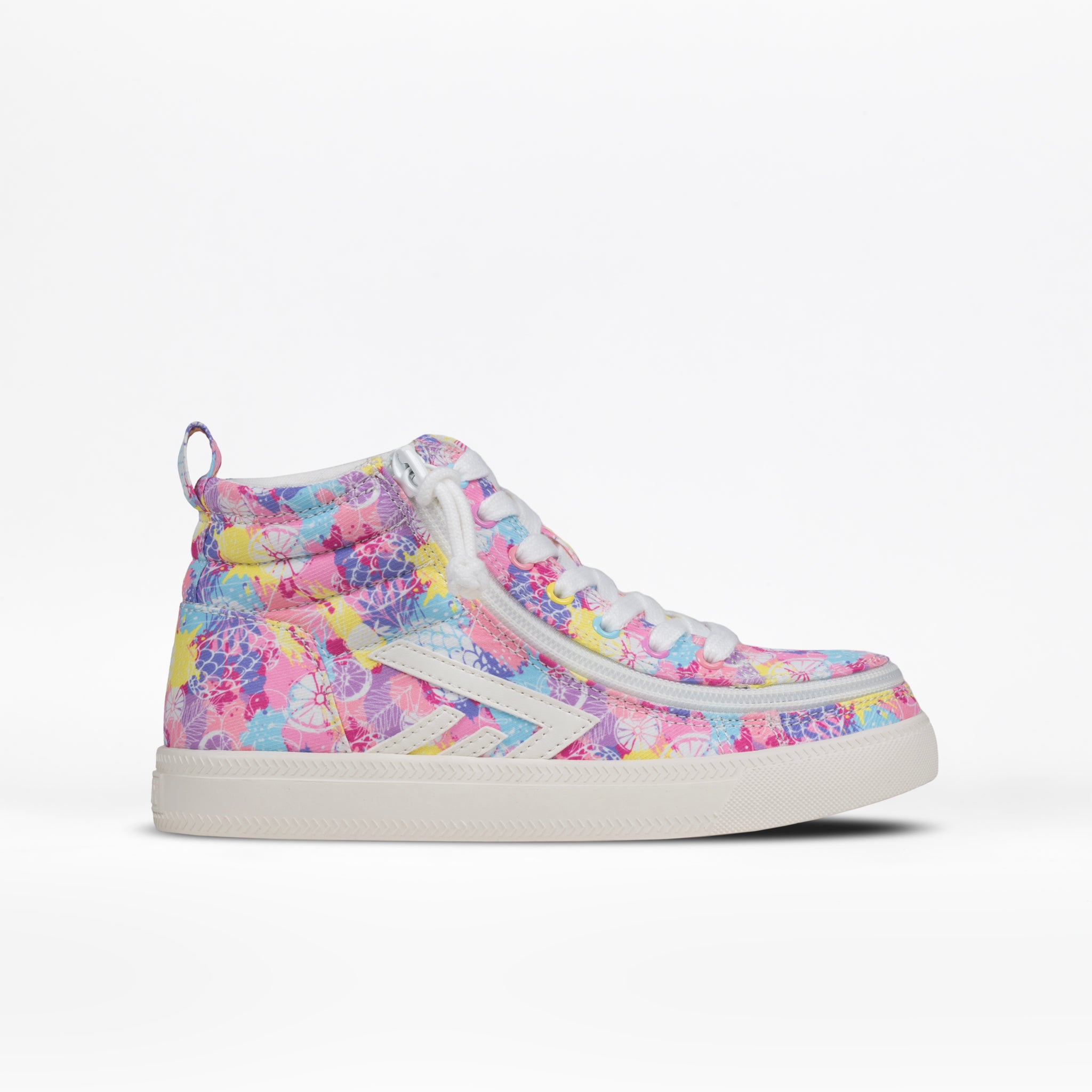 The BILLY Footwear Kids'/Toddler CS High is a high-top sneaker in a colorful Floral pattern with pink, purple, blue, and yellow accents. It features white laces, a white sole, an adjustable fit for comfort, and a light blue side stripe.