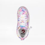 Top view of SALE - Tropical BILLY CS High kids' sneakers by BILLY Footwear, featuring a pastel floral pattern, full wrap zipper, white laces and sole. The insole shows the BILLY logo in black and red.