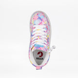 Top view of SALE - Tropical BILLY CS High kids' sneakers by BILLY Footwear, featuring a pastel floral pattern, full wrap zipper, white laces and sole. The insole shows the BILLY logo in black and red.