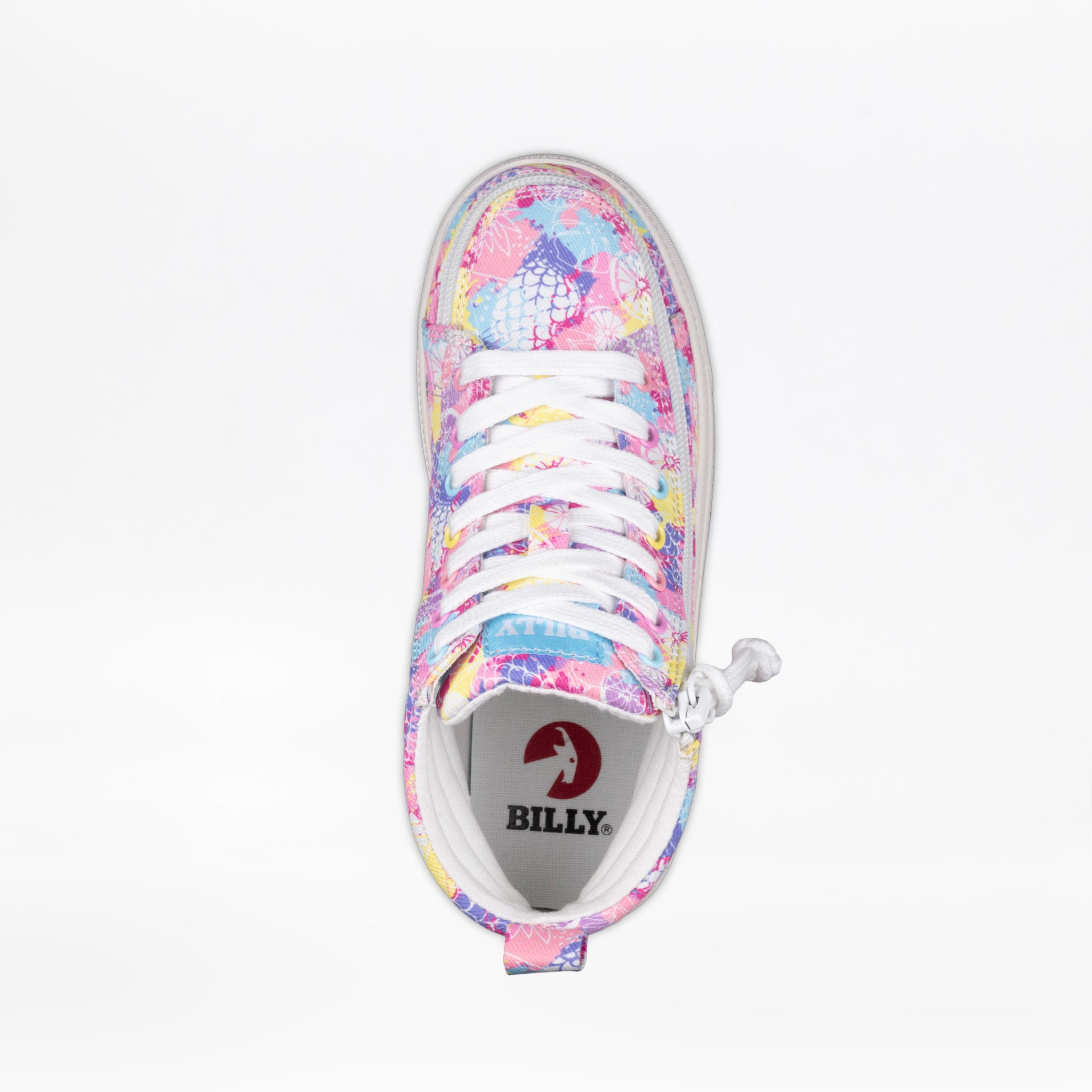 Top view of SALE - Tropical BILLY CS High kids' sneakers by BILLY Footwear, featuring a pastel floral pattern, full wrap zipper, white laces and sole. The insole shows the BILLY logo in black and red.