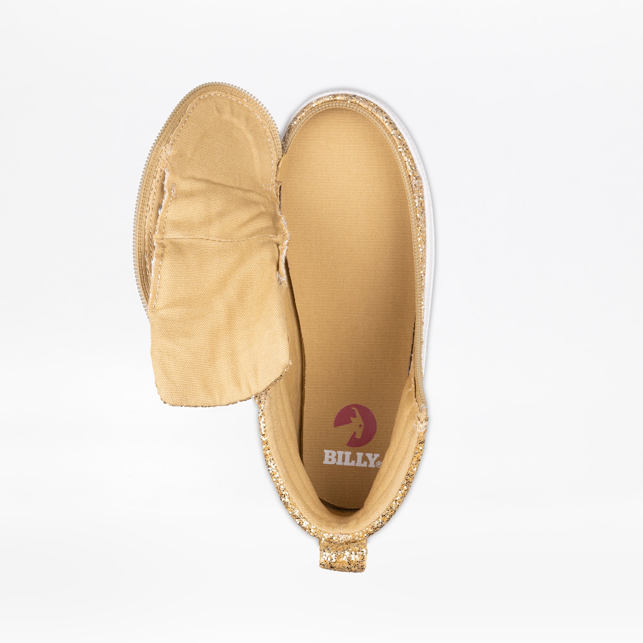 The Champagne Glitz BILLY CS High by BILLY Footwear is a gold glitter kids' high top sneaker with a side adaptive zipper, shown open from above to reveal the tan insole with a red logo against a white background.