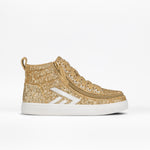 The Champagne Glitz BILLY CS High by BILLY Footwear, a gold glitter kids high top sneaker with white laces, rubber sole, and white chevron stripes on the side, is shown on a plain white background.