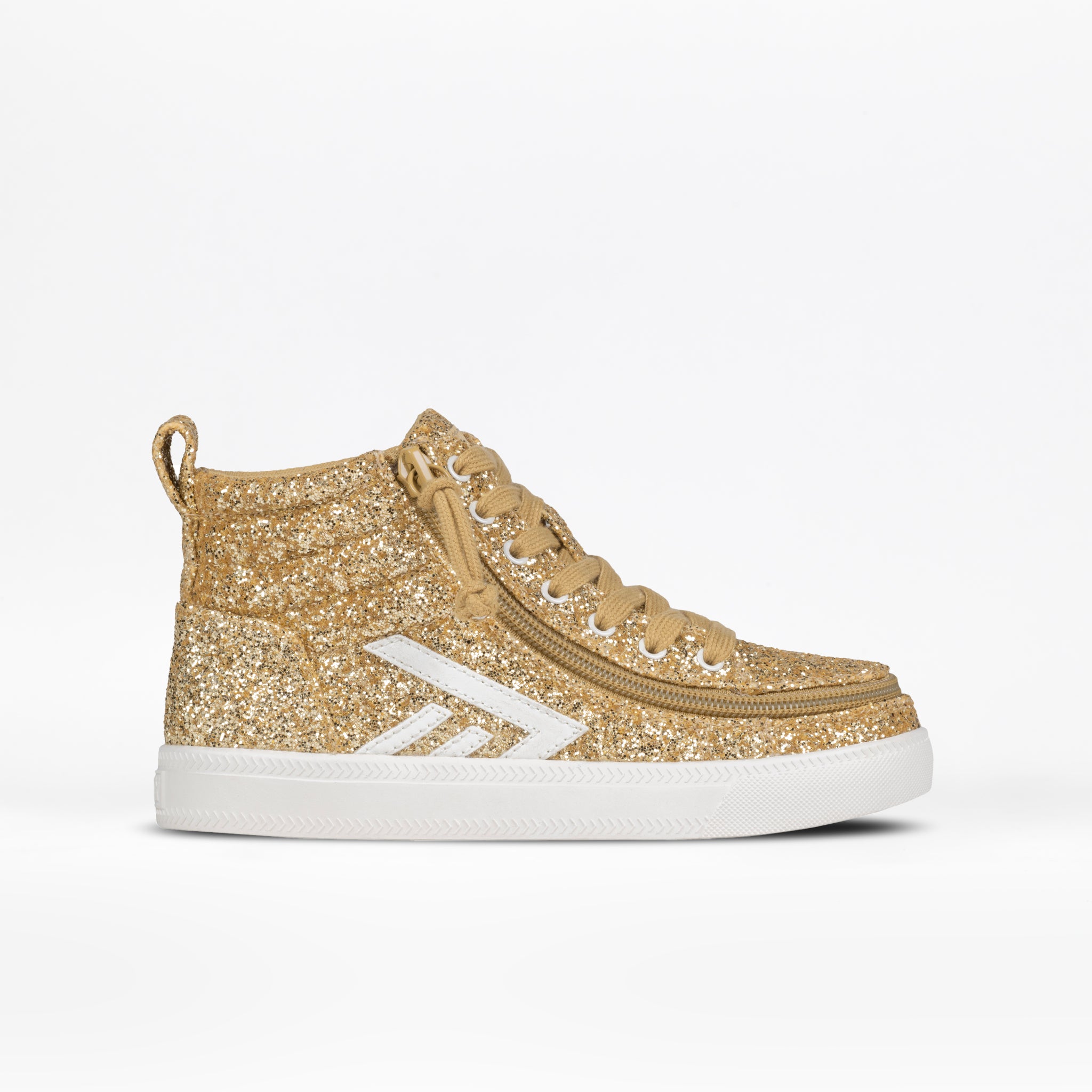 The Champagne Glitz BILLY CS High by BILLY Footwear, a gold glitter kids high top sneaker with white laces, rubber sole, and white chevron stripes on the side, is shown on a plain white background.