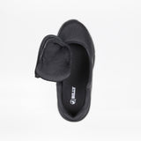A black slip-on kids sneaker with a mesh upper and side zipper, shown from above with the zipper open to display the interior and BILLY Footwear logo—part of the Black to the Floor BILLY Sport Inclusion collection.