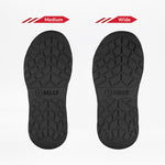 Two black Black to the Floor BILLY Sport Inclusion soles from BILLY Footwear are shown side by side. The left, labeled Medium, is narrower; the right, labeled Wide, is broader. Both have the same tread pattern highlighting fit options for kids.