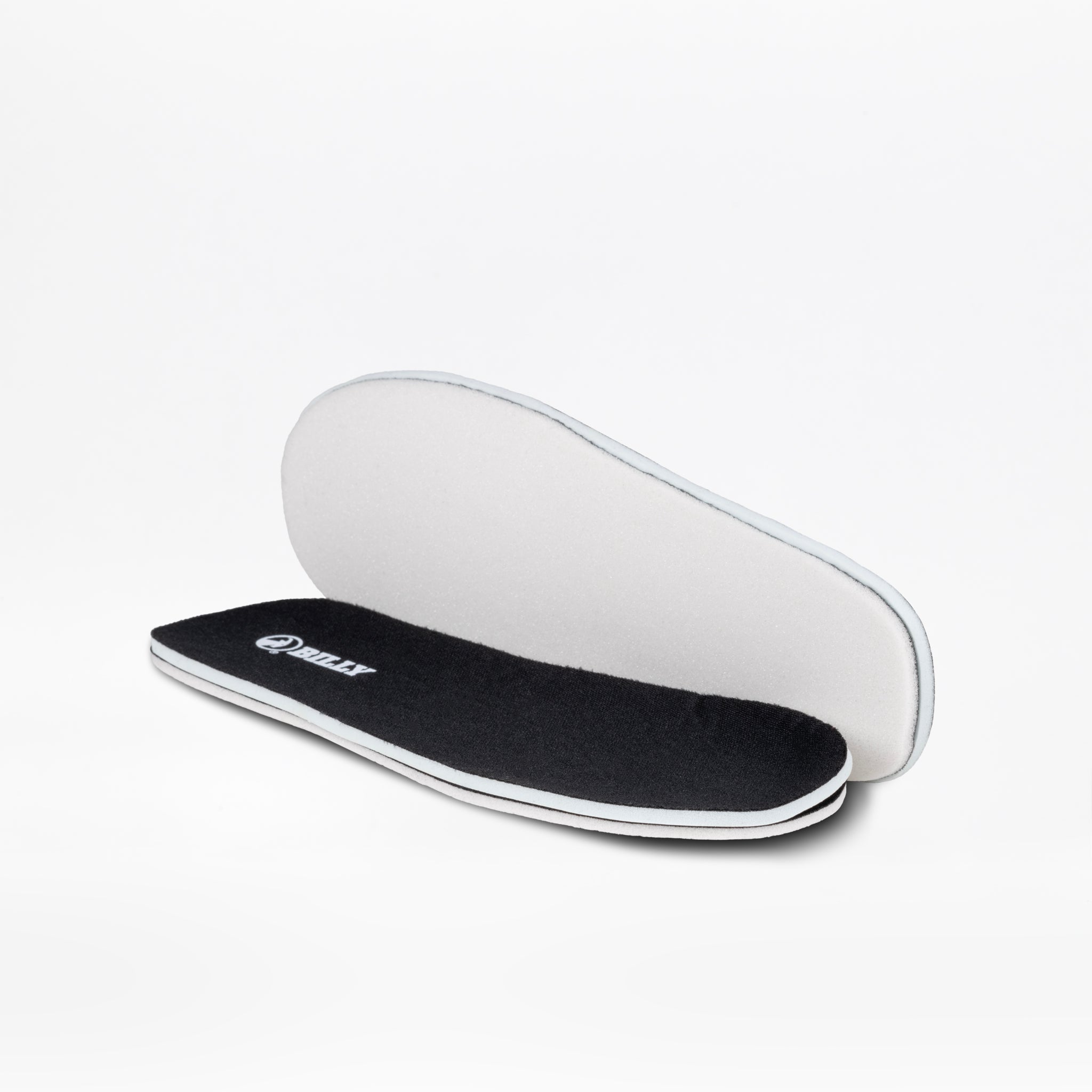 A pair of black and white BILLY Footwear insoles with heel logo, made for the SALE - Black/Fuchsia Fire BILLY Sport Inclusion shoes, displayed on a white background.