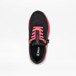 The SALE - Black/Fuchsia Fire BILLY Sport Inclusion by BILLY Footwear is shown from above, featuring pink and orange tie-dye laces with "INCLUSION" text and a branded insole on a white background. Ideal for kids’ sneaker collections.