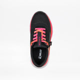 The SALE - Black/Fuchsia Fire BILLY Sport Inclusion by BILLY Footwear is shown from above, featuring pink and orange tie-dye laces with "INCLUSION" text and a branded insole on a white background. Ideal for kids’ sneaker collections.