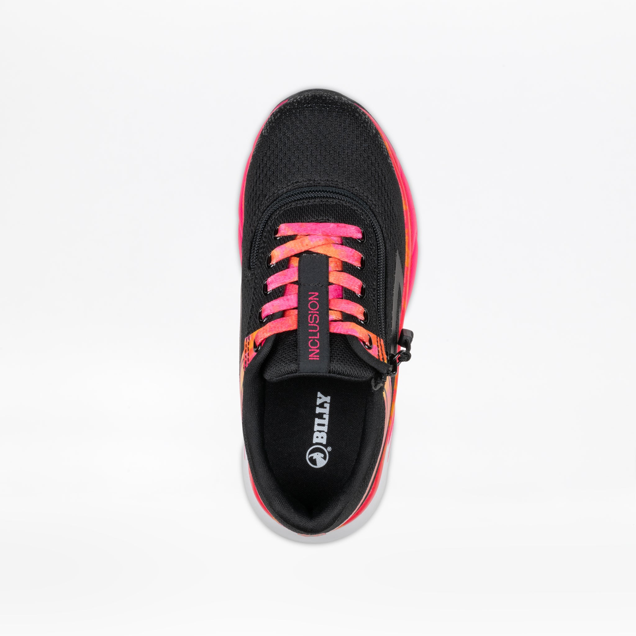 The SALE - Black/Fuchsia Fire BILLY Sport Inclusion by BILLY Footwear is shown from above, featuring pink and orange tie-dye laces with "INCLUSION" text and a branded insole on a white background. Ideal for kids’ sneaker collections.